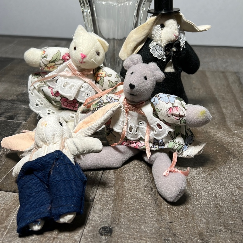 Set of Four Stuffed Miniature Animals 2 Rabbits, Kitten, Bear